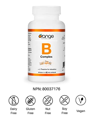 Orange Naturals - Vitamin B-Complex with L-Theanine - 45 v-caps - Coenzyme B Complex Vitamins Supplements - B Complex - Mental Health, Energy Boost, Relaxation and Sleep - B Complex Capsules