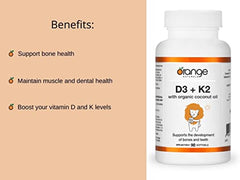 Orange Naturals - Vitamin D3+K2-90 Softgels - With Organic Coconut Oil - Support Bone & Teeth Health, Reduce Osteoporosis, Maintain Muscle, Enhanced Absorption & Prevent D Deficiency Cholecalciferol