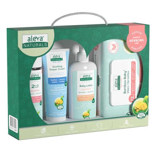 Aleva Naturals Newborn Baby Care Kit includes: Bamboo Baby Wipes, Daily Soothing Moisturizer and Diaper Cream, 2 in 1 Hair & Body Wash - Plant-Based and Organic Formula, Hypoallergenic, Set of 4