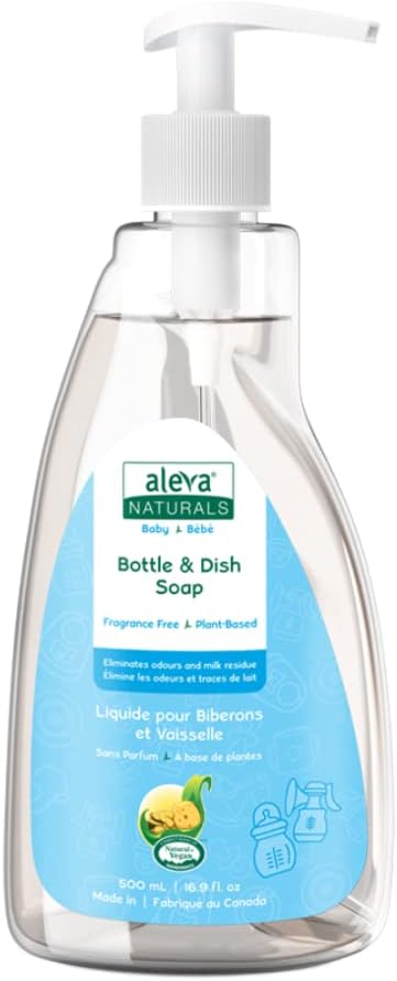 Aleva Naturals Hypoallergenic Bottle and Dish Wash Liquid - Plant-Based and Fragrance-Free Formula, Dish Soap to Clean Baby Feeding Cups and Breast Pumps - 500ml Clear