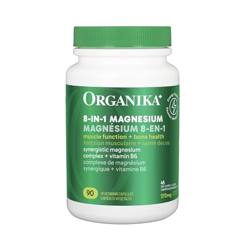 Organika Canadian-Made 8-In-1 Magnesium - 212mg Synergystic Magnesium Complex with Vitamin B6 to Support Muscle Function, Bone Health, Energy, and Cardiovascular Health | 90vcaps, 45 Servings