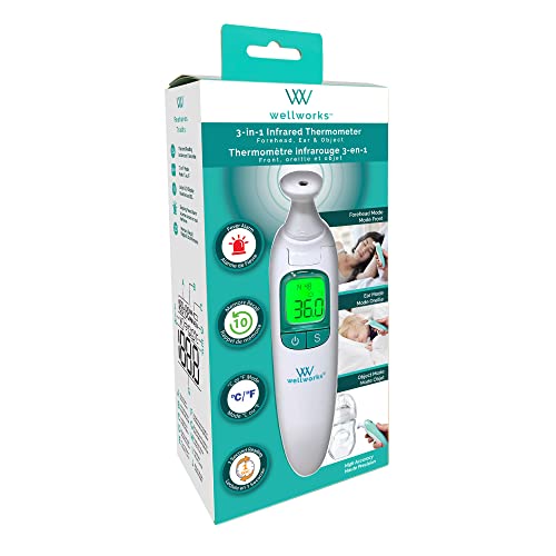 Wellworks 3-in-1 Infared Thermometer - Baby Thermometer for Ear, Forehead & Object Use - High Accuracy, Rapid Reading, with Memory Recall and Fever Alarm - Suitable for Ages Newborn and Up