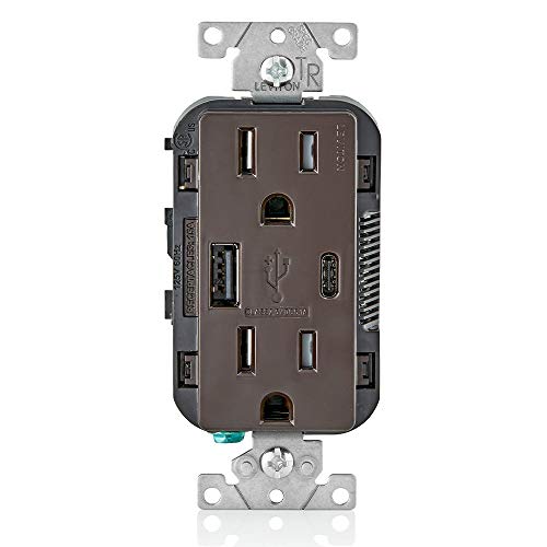 Leviton 15 Amp Type A and Type-C USB in Wall Charger, Grounding, Side Wired & Back Wired - Brown