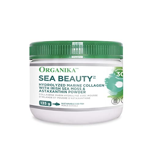 Organika Sea Beauty - Hydrolyzed Marine Collagen with Irish Sea Moss and Astaxanthin Powder- Improve Skin Health and Anti-Aging Support, Antioxidants- 135g