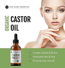 Kate Blanc Cosmetics Castor Oil (2oz), USDA Certified Organic, 100% Pure, Cold Pressed, Hexane Free. Stimulate Growth for Eyelashes, Eyebrows, Hair. Skin Moisturizer & Hair Treatment Starter Kit