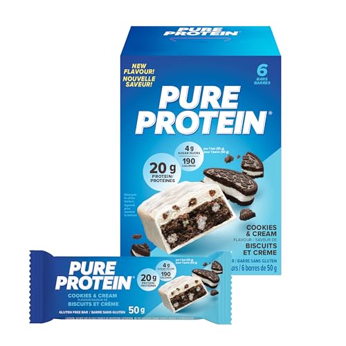 Pure Protein Bars - Nutritious, Gluten Free bar, made with Whey protein blend - low sugar, protein snack. Deliciously satisfying. Cookies and Cream (Pack of 6)