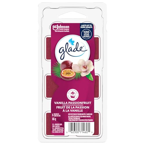 Glade Wax Melts Air Freshener and Odor Eliminator, Scented Essential Oils for Home and Bathroom, Vanilla Passionfruit, 6 Count