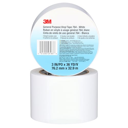 3M Vinyl Tape 764, 3 in by 108 ft ,White,Social Distancing ,Floor & Safety Marking, 1 Roll