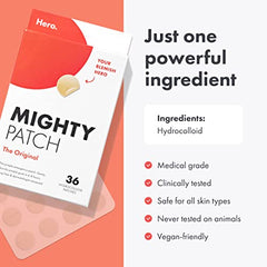 Mighty Patch Original from Hero Cosmetics - Medical-grade Hydrocolloid Pimple Patch, Nightime blemish patch, wake up to clearer looking skin, suitable for sensitive skin (36 Count)