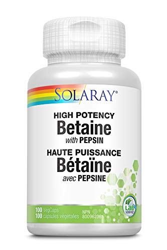 SOLARAY – Betaine HCI with Pepsin, 650mg | High Potency with Pepsin | Digestive Health | Dietary Supplement | Non-GMO, Vegan, Lab Verified | 100 Vegetarian Capsules