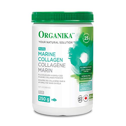 Organika Canadian-Made Marine Collagen Powder- Wild-Caught from North Atlantic- Supports Hair, Nail, Skin Health, Pure Hydrolyzed Form, Tasteless - 250g