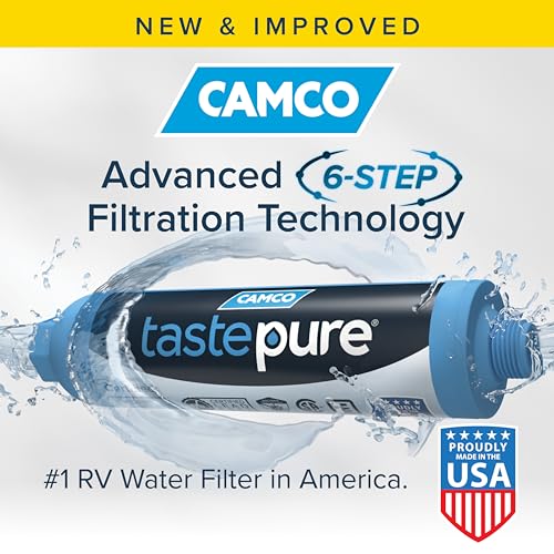 Camco TastePURE RV Water Filter - New & Advanced RV Inline Water Filter with Flexible Hose Protector - GAC & KDF Water Filter - Made in USA - Camping Essentials for Fresh Drinking Water (40043)