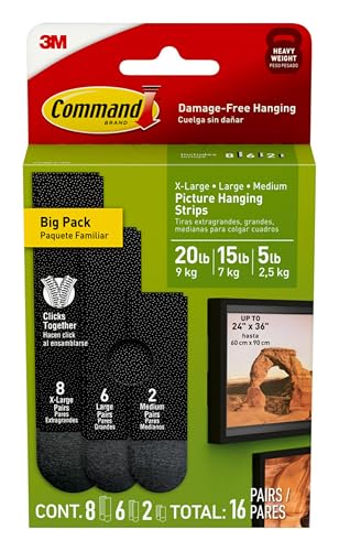 Command Black Picture Hanging Strips, Mixed Pack 17218BLK-16EF, 2/Pairs Medium, 6/Pairs Large 8/Pairs Jumbo