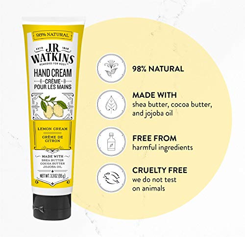 J.R. Watkins Lemon Cream Natural Moisturizing Hand Cream, Hydrating Hand Moisturizer with Shea Butter, Cocoa Butter, and Avocado Oil, USA Made and Cruelty Free, 95 Grams