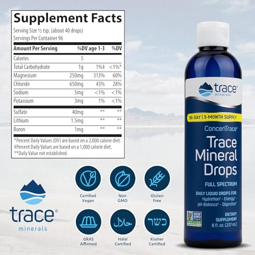 Trace Minerals ConcenTrace Drops | Full Spectrum Minerals | Ionic Liquid Magnesium, Chloride, Potassium | Low Sodium | Energy, Electrolytes, Hydration | 96 Day Supply, 8 fl oz (Pack of 1)