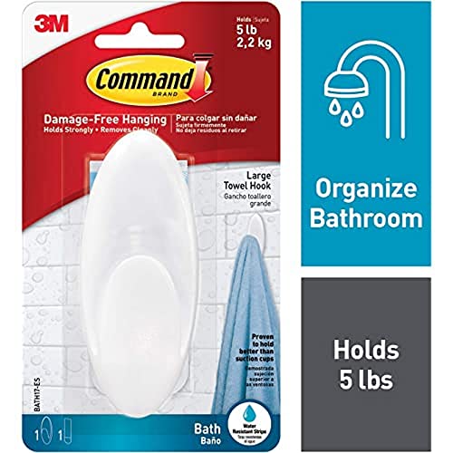 Command Towel Hook with Water-resistant Strips, Large, Frosted, 1 Hook 1 Large Strip