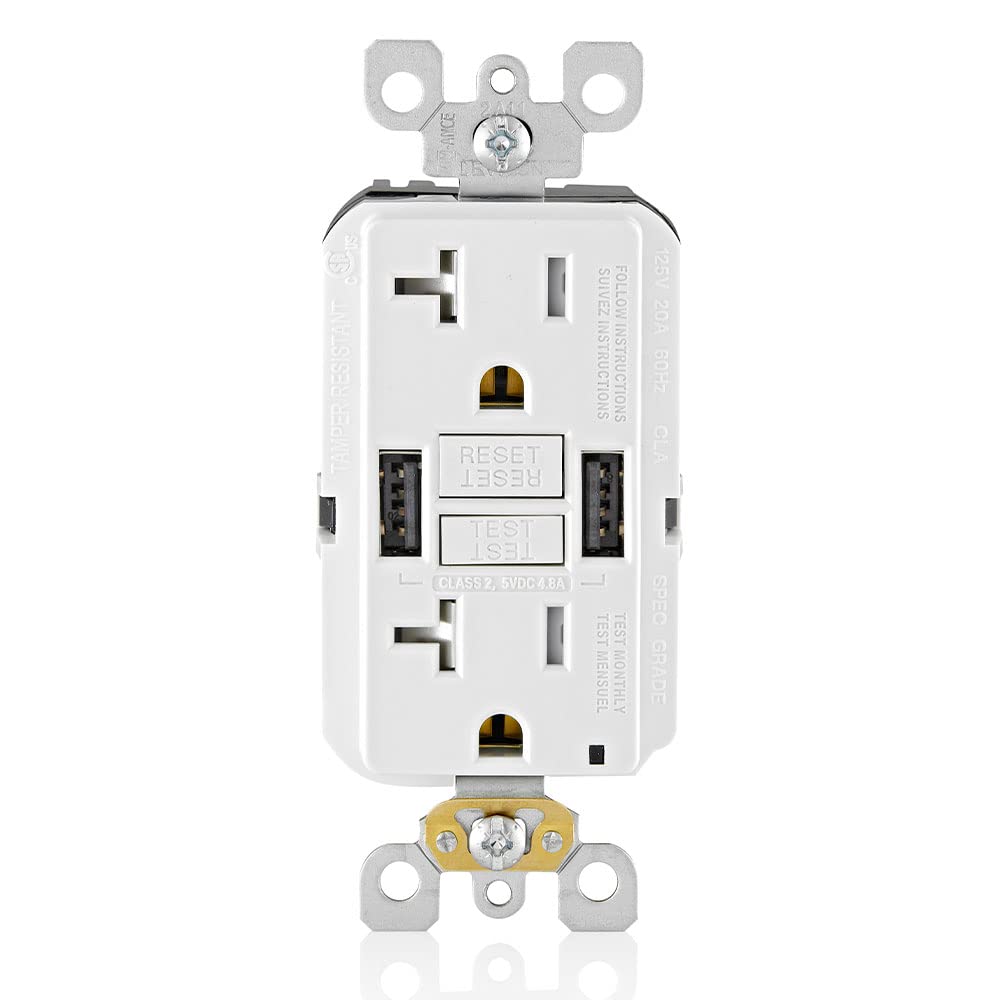 Leviton 20A SmartlockPro GFCI Combination 24W(4.8A) Type A/A USB in-Wall Charger Outlet, White