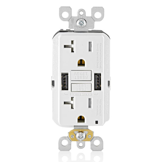 Leviton 20A SmartlockPro GFCI Combination 24W(4.8A) Type A/A USB in-Wall Charger Outlet, White