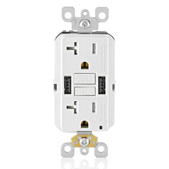 Leviton 20A SmartlockPro GFCI Combination 24W(4.8A) Type A/A USB in-Wall Charger Outlet, White