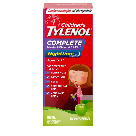 TYLENOL Children’s Complete Cold, Cough & Fever Suspension Liquid, Nighttime, Relieves Cough, Cold & Fever symptoms, 100mL, Green Apple Flavour, For ages 6-11yrs