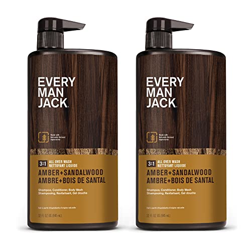 Every Man Jack Amber + Sandalwood Mens 3-in-1 All Over Wash for All Skin and Hair Types - Cleanse, Nourish, and Protect Skin and Hair with Naturally Derived Soy Proteins, Aloe, Glycerin - 2 Bottles