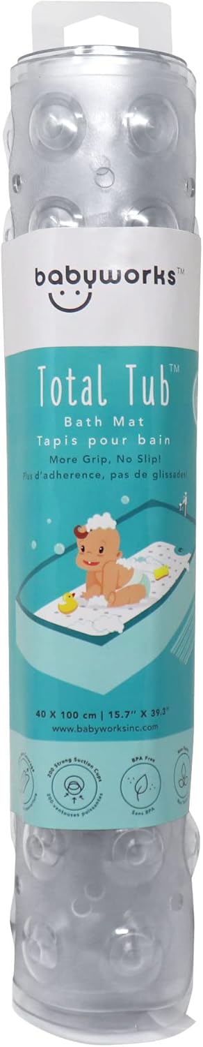 Baby Works Total Tub Bath Mat - Extra-Long 100cm x 40cm (39.4" x 15.7"), Non-Slip, 200 Suction Cups for Maximum Safety - Clear