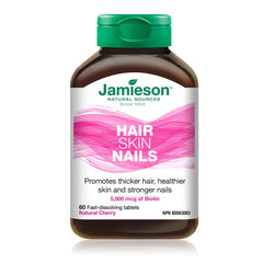 Jamieson Hair, Skin, Nails - 5,000 mcg Biotin, Natural Cherry Flavour, Gluten-Free, 60 Count (Pack of 1)