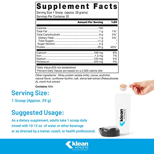 Klean ATHLETE Klean Isolate | Whey Protein Isolate to Enhance Daily Protein and Amino Acid Intake for Muscle Integrity* | NSF Certified for Sport | 20 Servings | Natural Chocolate Flavor