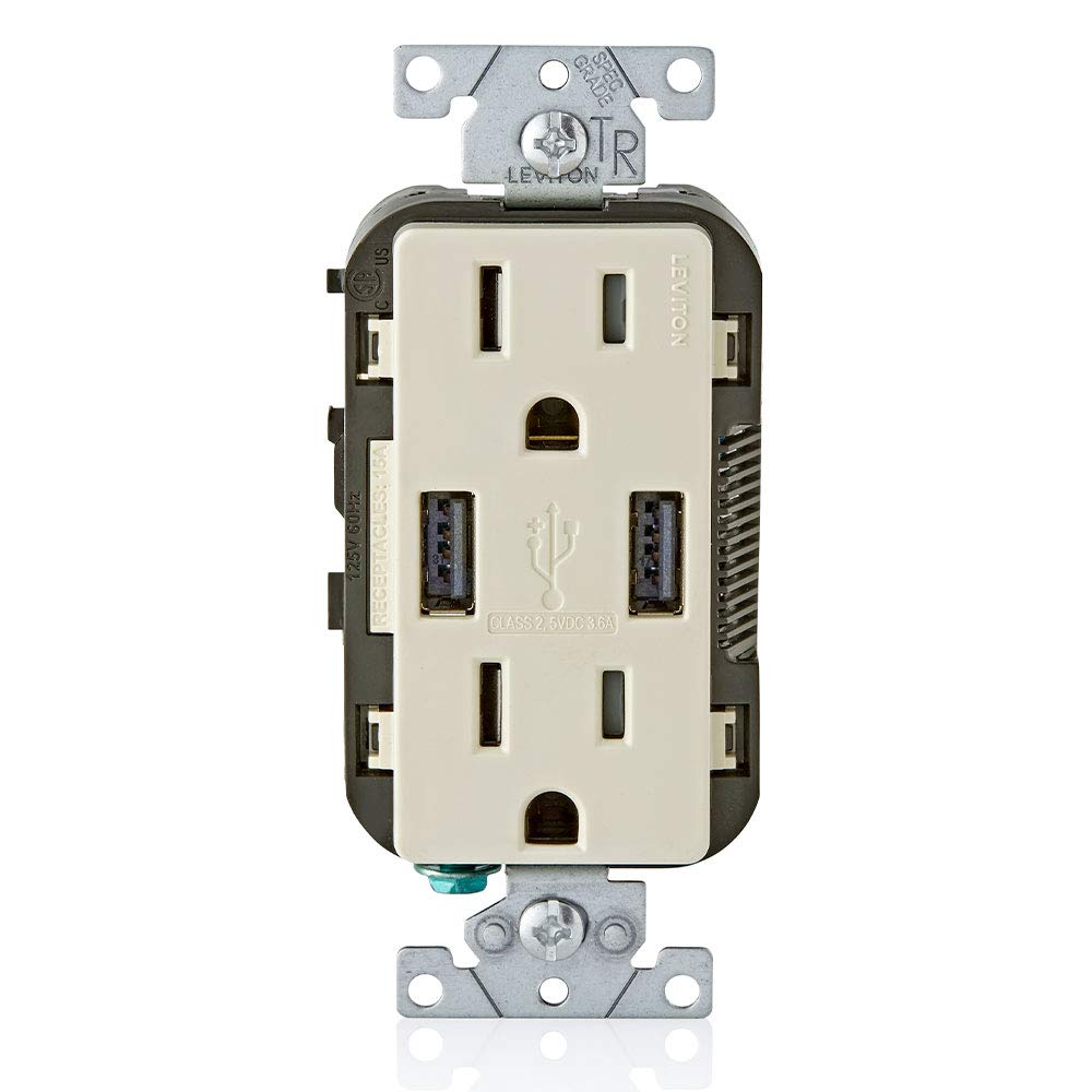 Leviton T5632-T 15A-125V 2 Pole/ 3-Wire. Nema 5-15r. Combination Duplex Decora Receptacle and USB Charger. Grounding Decora Tamper Resistant Receptacle - Light Almond