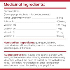 Ferosom Forte LCE Liposomal Iron – Iron Supplement Powder Gentle on the Stomach – 21g Elemental Iron with Vitamin B12, B6, D, C, Folic Acid – Berry Flavor Powder or Liquid Iron Drink, 20 Vegan Iron Sachets