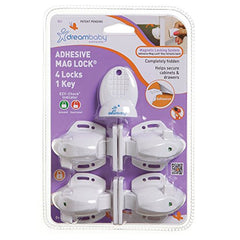 Dreambaby Adhesive Mag Lock - 4 Locks & 1 Key - Discrete Magnetic Cabinet and Drawer Lock for Home Safety - White