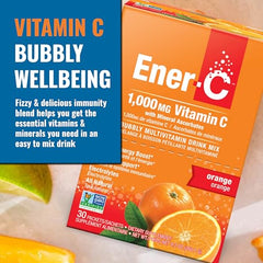 Ener-C Orange Multivitamin Drink Mix, 1000mg Vitamin C, Non-GMO, Vegan, Real Fruit Juice Powders, Natural Immunity Support, Electrolytes, Gluten Free, 1-Pack of 30 Orange