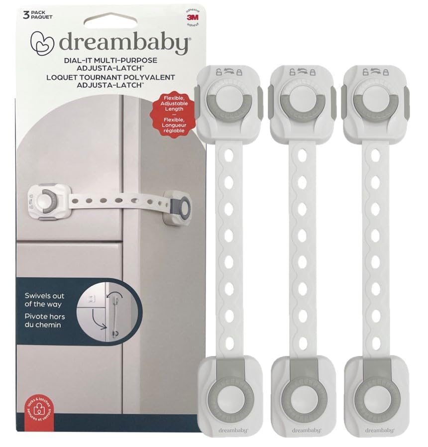 Dreambaby® Dial-It Adapta Strap Latch, 3 Pack - Baby Proof Cabinet Locks for Home Safety - Flexible, Adjustable, and Easy to Install - Grey/White