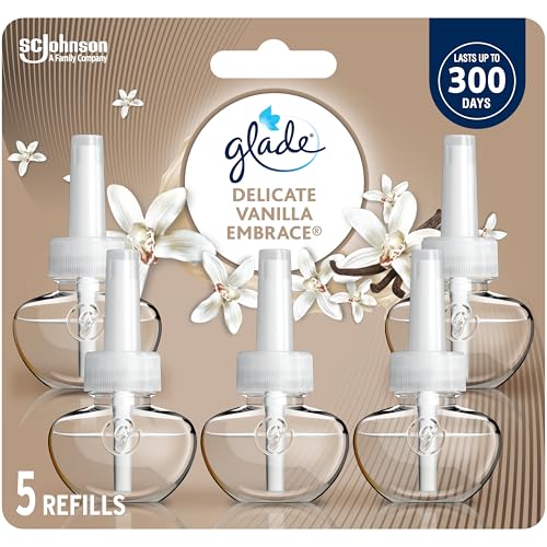 Glade PlugIns Air Freshener Oil Refill, Scented and Essential Oils for Home and Bathroom, Delicate Vanilla Embrace, 5 Refills