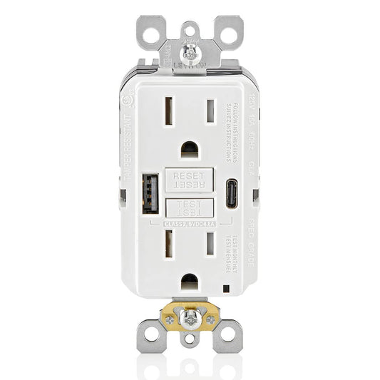 Leviton 15A SmartlockPro GFCI Combination 24W(4.8A) Type A/C USB in-Wall Charger Outlet, White