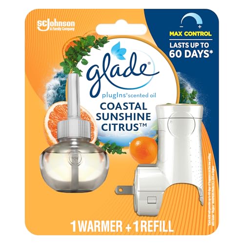 Glade PlugIns Air Freshener Oil Refill, Scented and Essential Oils for Home and Bathroom, Coastal Sunshine Citrus, 1 Warmer 1 Refill