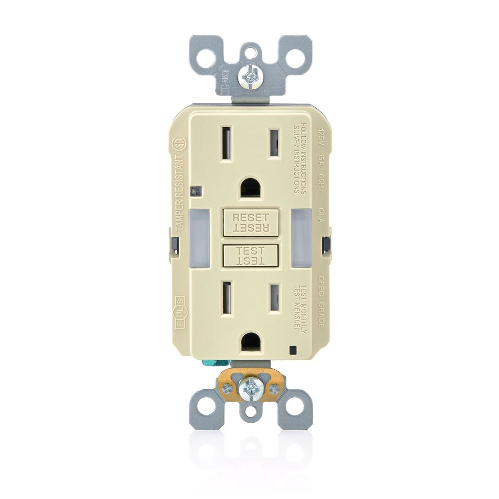 Leviton GFNL1-I 15 Amp, 125 Volt Receptacle/Outlet, 20 Amp Feed-Through, Tamper-Resistant, Self-test SmartlockPro Slim Guide Light GFCI, Monochromatic, back and side wired, self-grounding clip included, wallplate/faceplate sold separately - Ivory