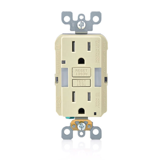 Leviton GFNL1-I 15 Amp, 125 Volt Receptacle/Outlet, 20 Amp Feed-Through, Tamper-Resistant, Self-test SmartlockPro Slim Guide Light GFCI, Monochromatic, back and side wired, self-grounding clip included, wallplate/faceplate sold separately - Ivory