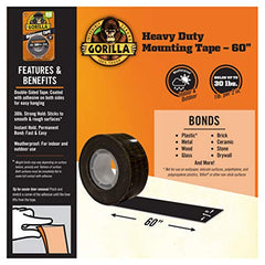 Gorilla Heavy Duty Double Sided Mounting Tape, Hanging, Instant 30lb Strong Hold, Permanent Bond, Weatherproof, 1 in x 60 in, Black, (Pack of 1), 6155002