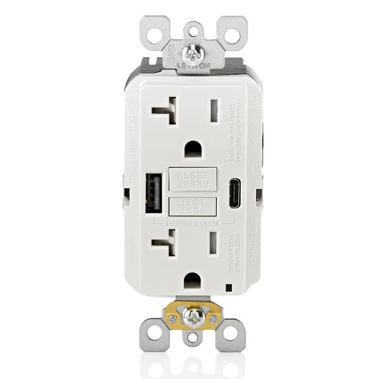 Leviton 20A SmartlockPro GFCI Combination 24W(4.8A) Type A/C USB in-Wall Charger Outlet, White