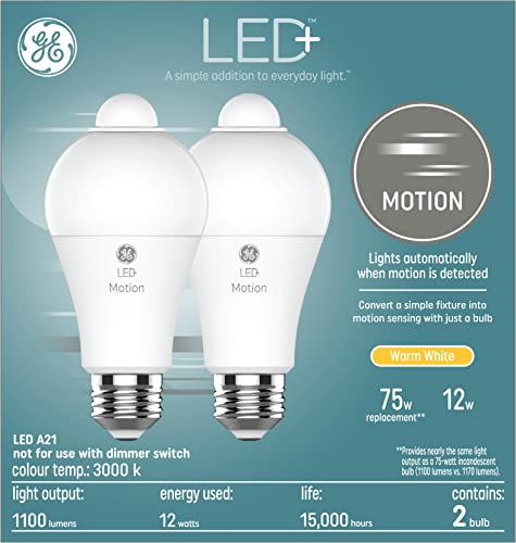 GE LED+ Motion Sensor Light Bulbs, Warm White, Security Light, A21 Light Bulb (Pack of 2)