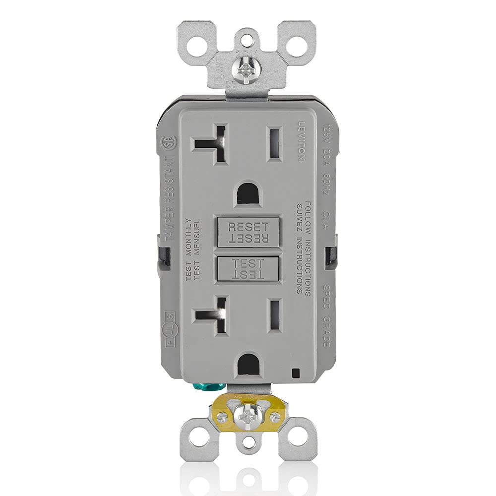 Leviton GFTR2-GY Self-Test Slim Tamper Resistant GFCI Receptacle. Nema 5-20R 20A-125V At Receptacle 20A-125V Feed-through. Lighted - Gray With Gray Test And Reset Button.