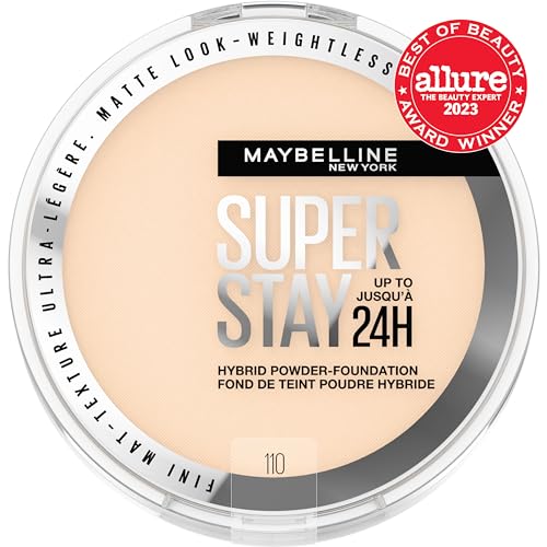 Maybelline Super Stay 24 Hour Hybrid Powder Foundation, Waterproof, Vegan, Mattifying, 110, 6g