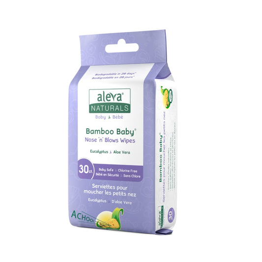 Aleva Naturals Bamboo Baby Nose 'n' Blows Wipes for Cleaning Stuffy Noses with Saline, Natural and Organic Formula, Extra Strong and Ultra-Soft, Biodegradable - 30 Count, Unbleached