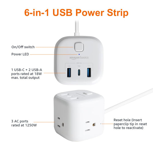 Amazon Basics Power Strip Cube 3 Outlet 3 USB Ports, 1 USB-C(15W) and 2 USB-A(12W), 5 ft Extension Cord, Home, Office, Travel, White