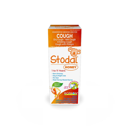 Boiron Stodal honey cough syrup used for dry or wet cough, irritating cough or cough with phlegm. From 1 to 11 years old. 125ml