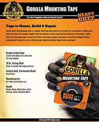 Gorilla Heavy Duty Double Sided Mounting Tape, Hanging, Instant 30lb Strong Hold, Permanent Bond, Weatherproof, 1 in x 60 in, Black, (Pack of 1), 6155002