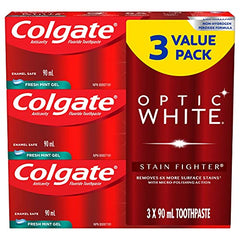 Colgate Optic White Stain Fighter Teeth Whitening Toothpaste, Fresh Mint Gel - 90 ml, 3 Pack