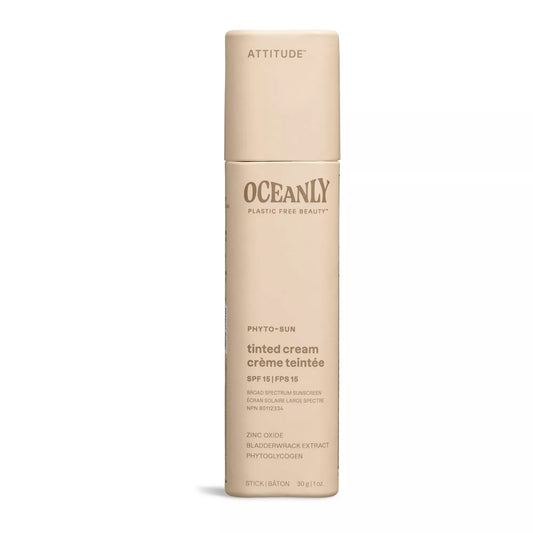 ATTITUDE Oceanly Tinted Face Cream Stick with SPF 15, EWG Verified, Plastic-free, Plant and Mineral-Based Ingredients, Vegan and Cruelty-free Beauty Suncare Products, Unscented, 30 grams