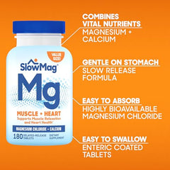 SlowMag Muscle + Heart Magnesium Chloride with Calcium Supplement to Support Muscle Relaxation, Occasional Muscle Cramping & Heart Health, High Absorption, 180 Count